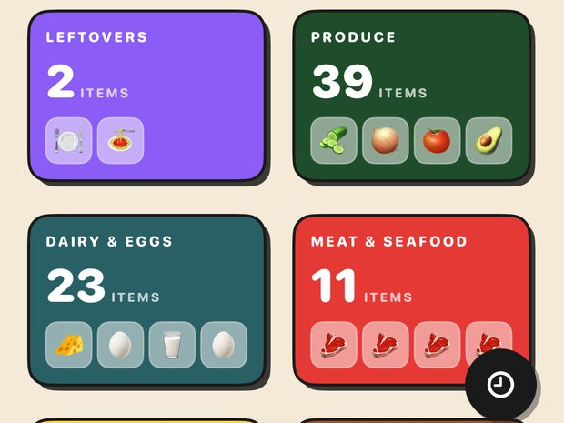 The Trepo kitchen screen, showing counts by category — 2 leftovers, 39 produce, 23 dairy and eggs, 11 meat and seafood