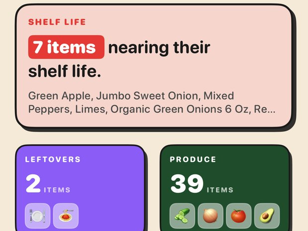 The Trepo kitchen screen warning that 7 items are nearing their shelf life, listing green apple, sweet onion, mixed peppers and limes