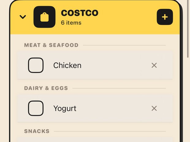 The Trepo shopping list, with a Costco list of 6 items grouped into meat and seafood, dairy and eggs, and snacks