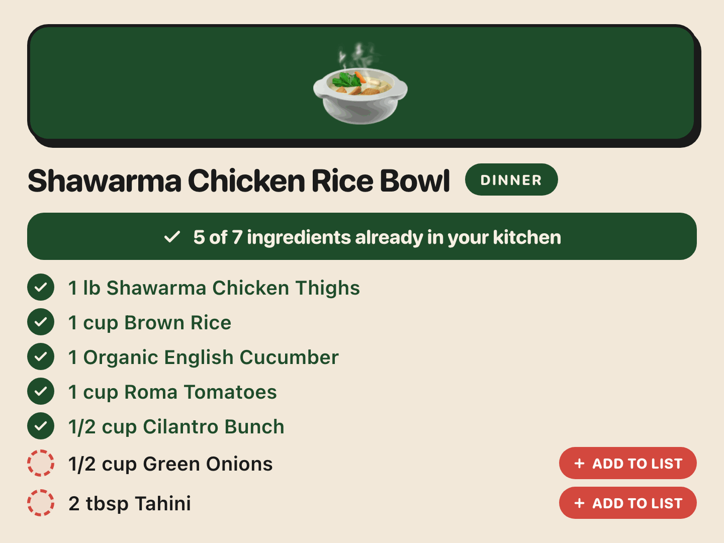 A Trepo recipe for a shawarma chicken rice bowl, showing 5 of 7 ingredients already in your kitchen and an add-to-list button beside the two you are missing